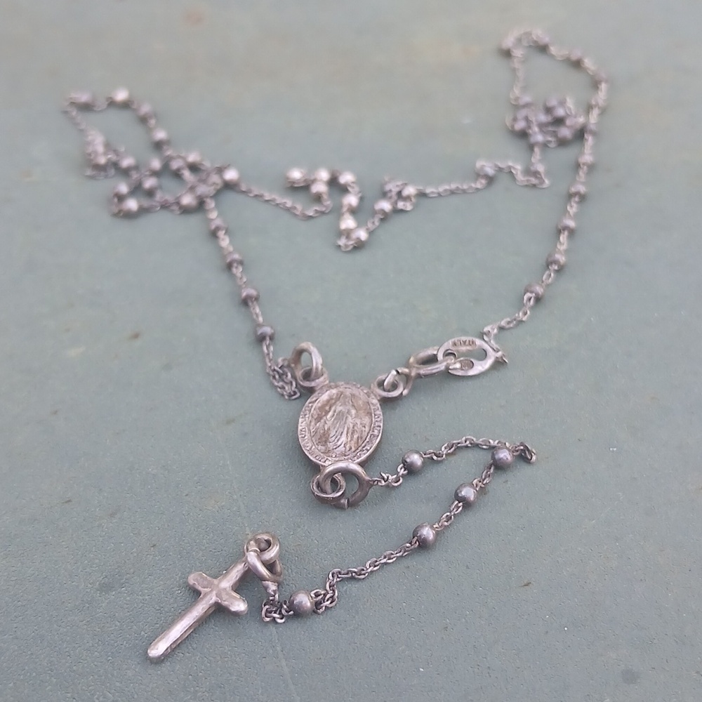 Delicate Rosary Drop Necklace W/Mary And Cross Vintage